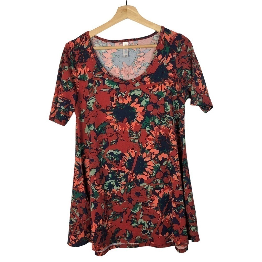 Lularoe Red Sunflower Floral Short Sleeve Swing T-Shirt XXS